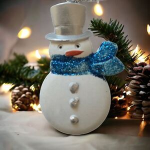 Snowman Ornament Glitter Acrylic Blue White Frosty Winter Snow Whimsical Holiday